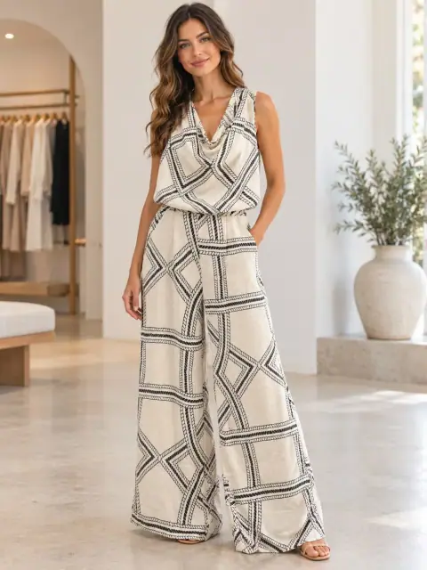 Conjunto feminino estampado com blusa drapeada e calça pantalona